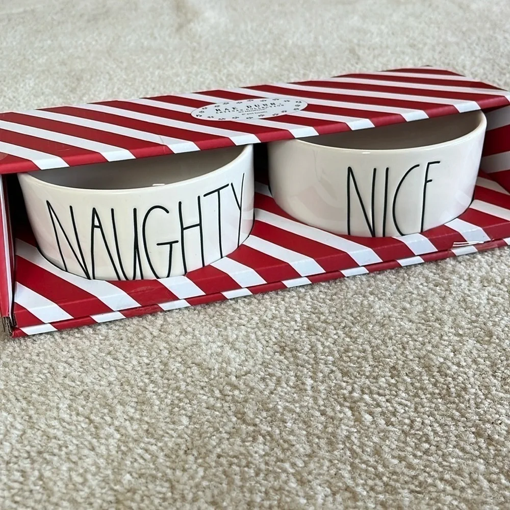 Brand New Rae Dunn 6” Dog Cat Pet Food Bowls Ceramic Naughty Nice Christmas